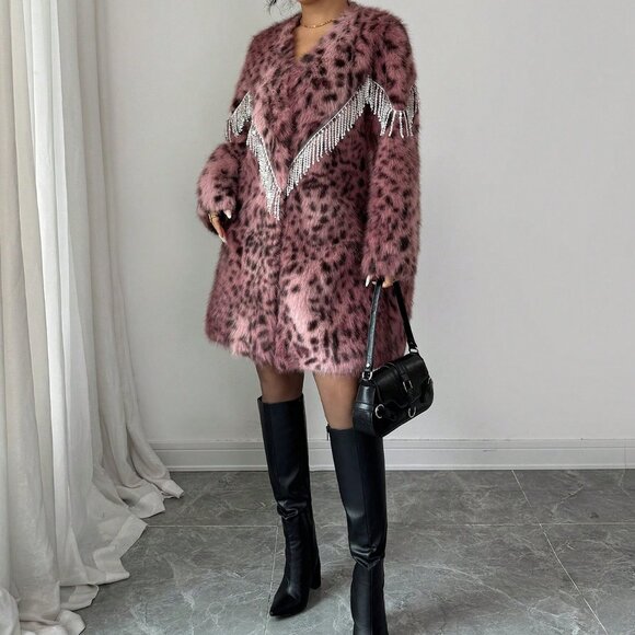 Elegant Women's Pink Faux Fur Leopard Print Coat - Picture 5 of 8